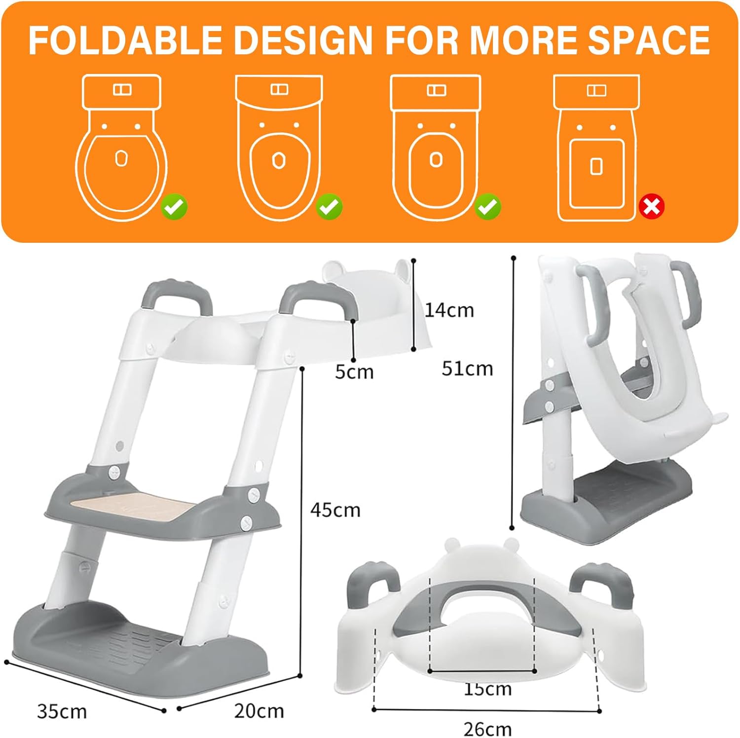 Riduttore WC Bambini Pieghevole 2 in 1, Grigio - immagine 3