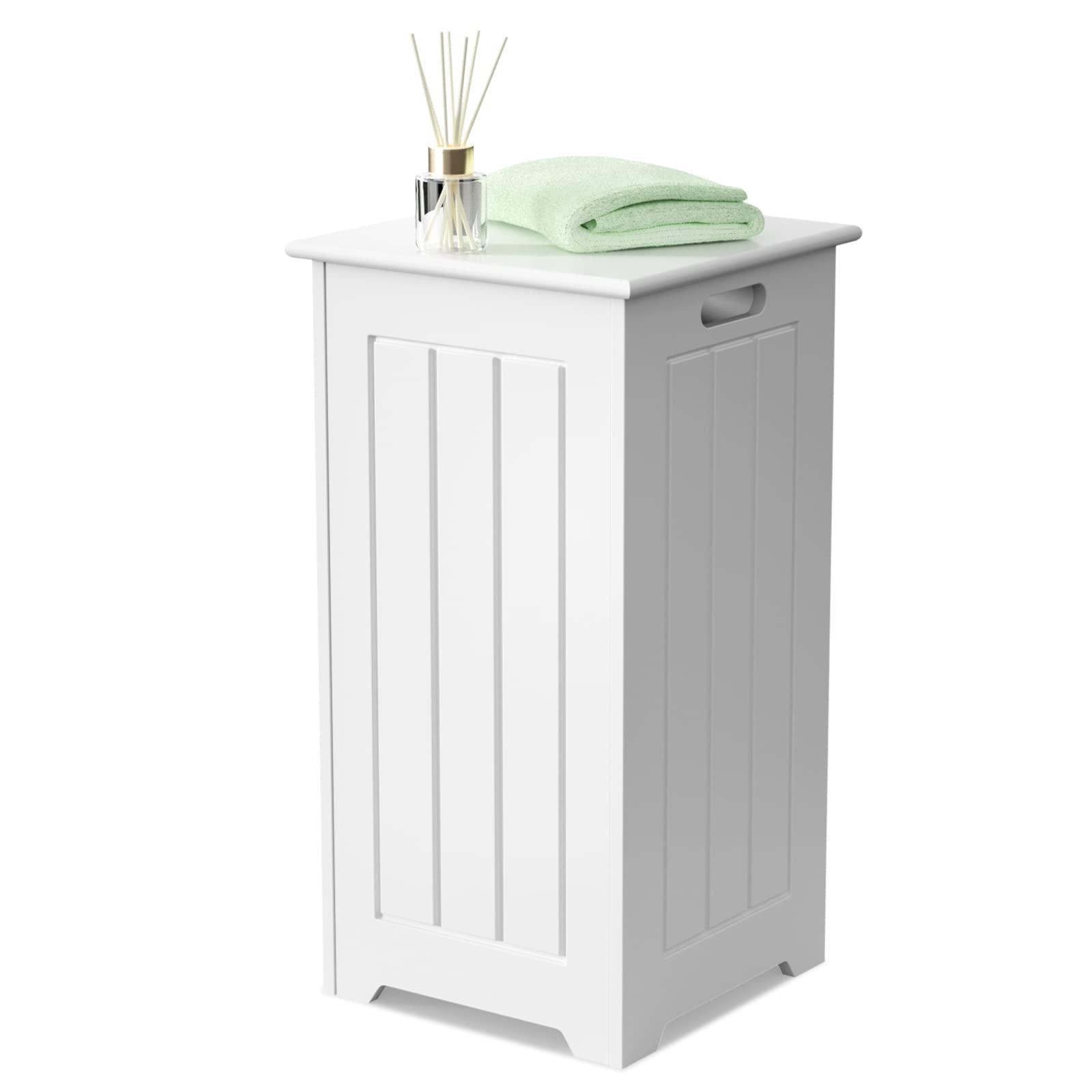 FANTASK Cesto portabiancheria autoportante, in legno, con coperchio, colore: bianco
