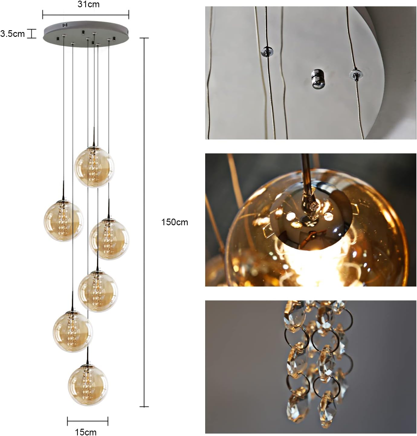 Lampada a Sospensione 6 Luci in Vetro Ambra - immagine 2