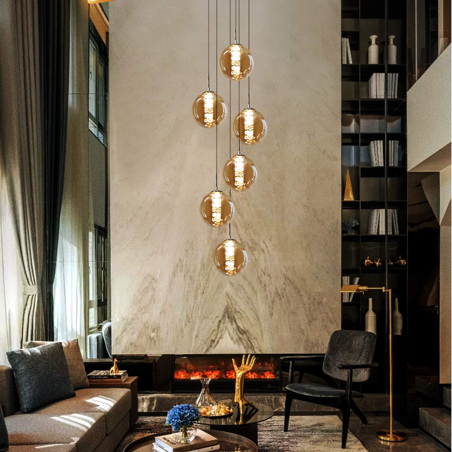 Lampada a Sospensione 6 Luci in Vetro Ambra - immagine 7