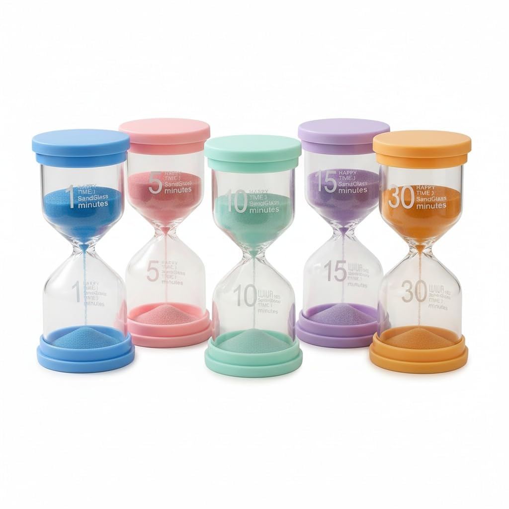 Clessidra Bambini 5 Pezzi – Timer Visivo Colorato 1/5/10/15/30 Minuti, Clessidra Educativa in Plastica Anticaduta per Studio, Gioco e Casa
