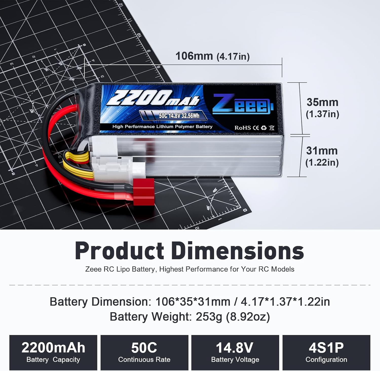 Zeee 4S Lipo 14,8V 2200mAh 50C RC Batteria (2 pezzi) - immagine 2