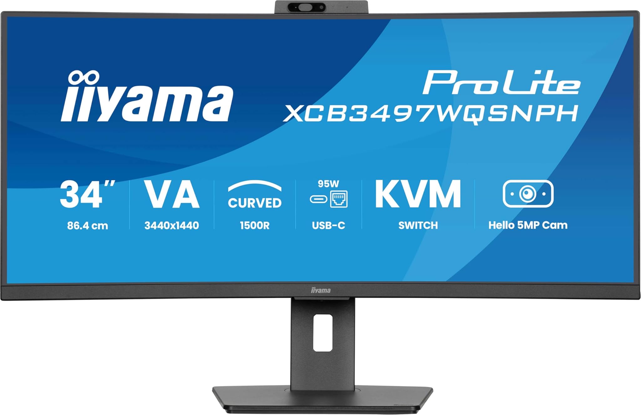 iiyama Prolite XCB3497WQSNPH-B1 - Monitor curvo VA UWQHD da 34" con fotocamera e microfono Windows Hello integrati, dock USB-C, LAN, switch KVM