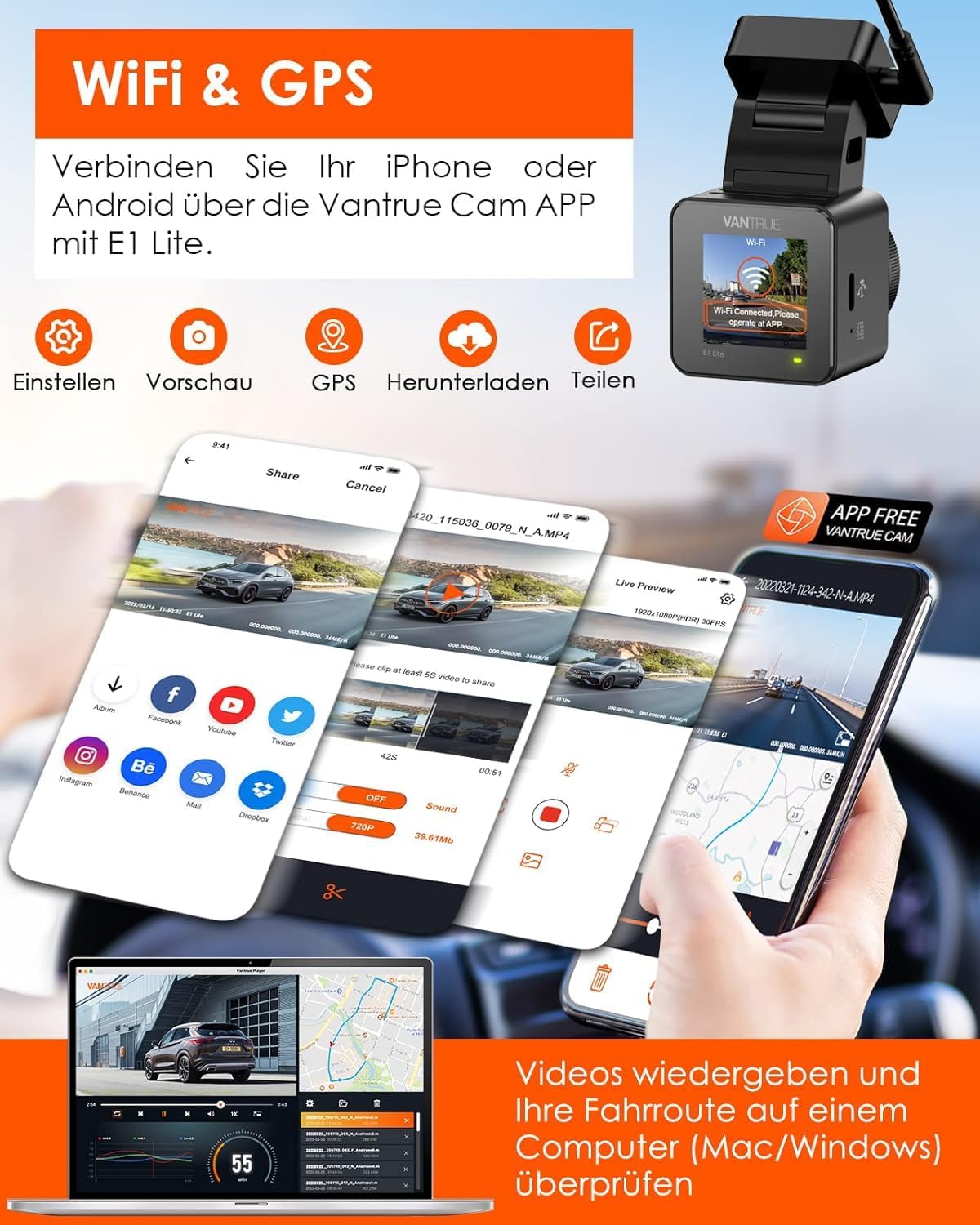 Vantrue E1 Lite 1080P Mini WiFi GPS Dash Cam - immagine 4