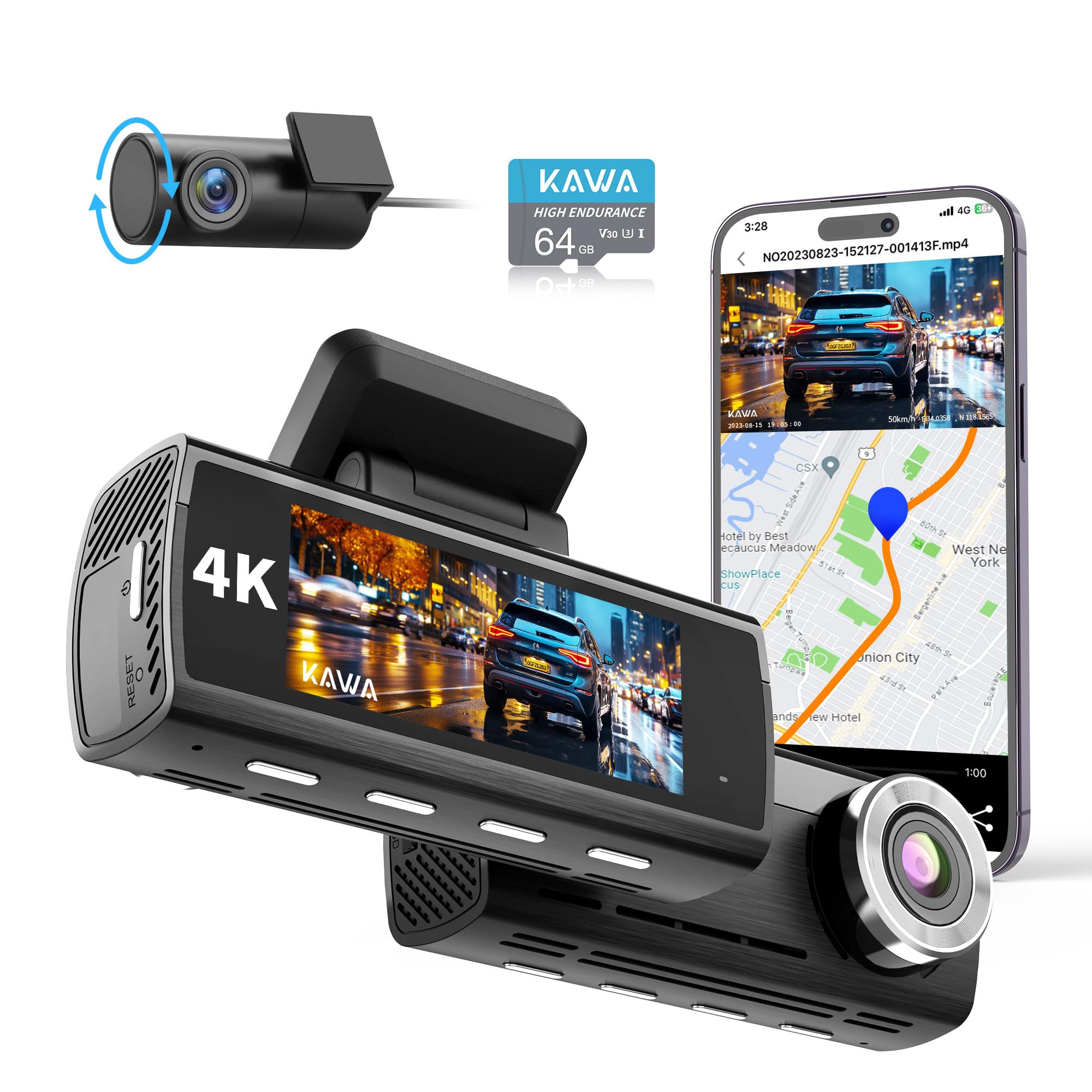 Kawa 4K Dashcam Frontale e Posteriore D8