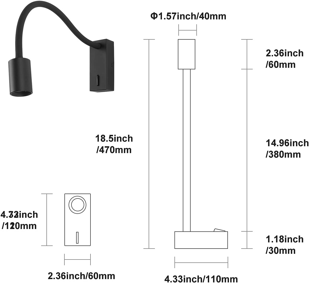 Dawalight Applique da Parete per Lettura 5W LED, Nero - immagine 3