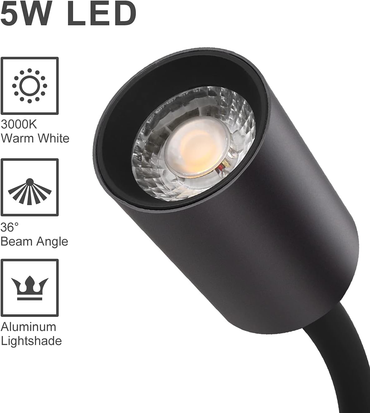 Dawalight Applique da Parete per Lettura 5W LED, Nero - immagine 5