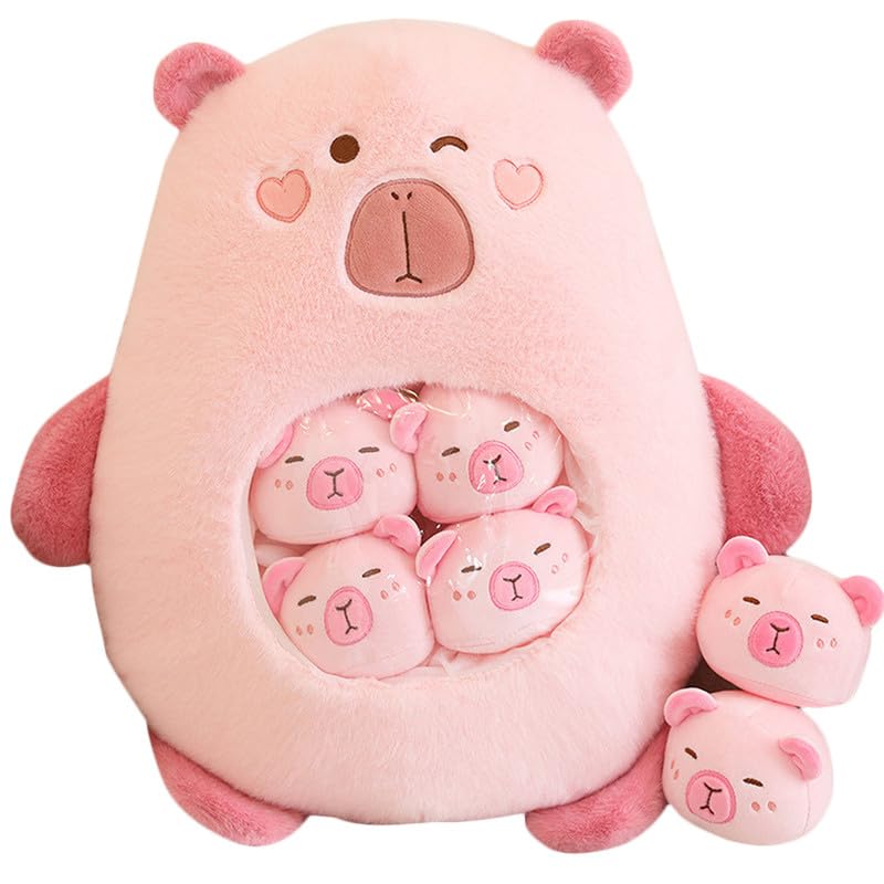 Capybara Peluche Kawaii con 6 Bambini, Rosa