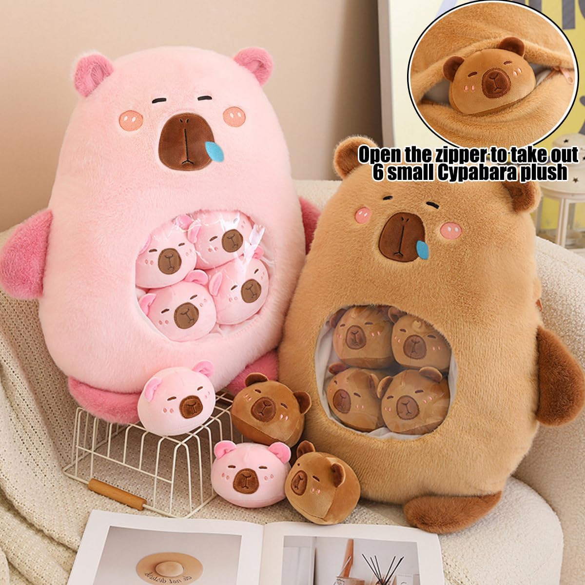 Capybara Peluche Kawaii con 6 Bambini, Rosa - immagine 2