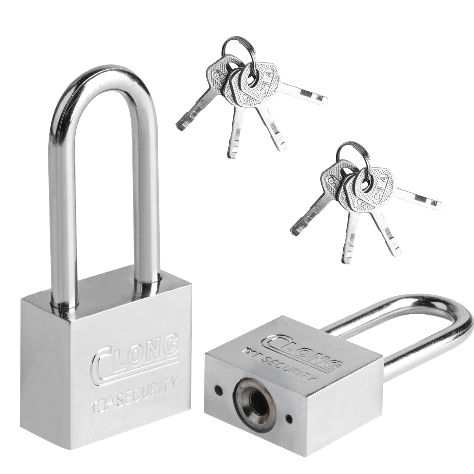 2 lucchetti ad arco lungo con chiavi, lucchetto resistente con chiavi, lucchetti con chiave, lucchetti per esterni, resistenti alle intemperie, per capannoni, palestre, armadietti, recinzioni, garage