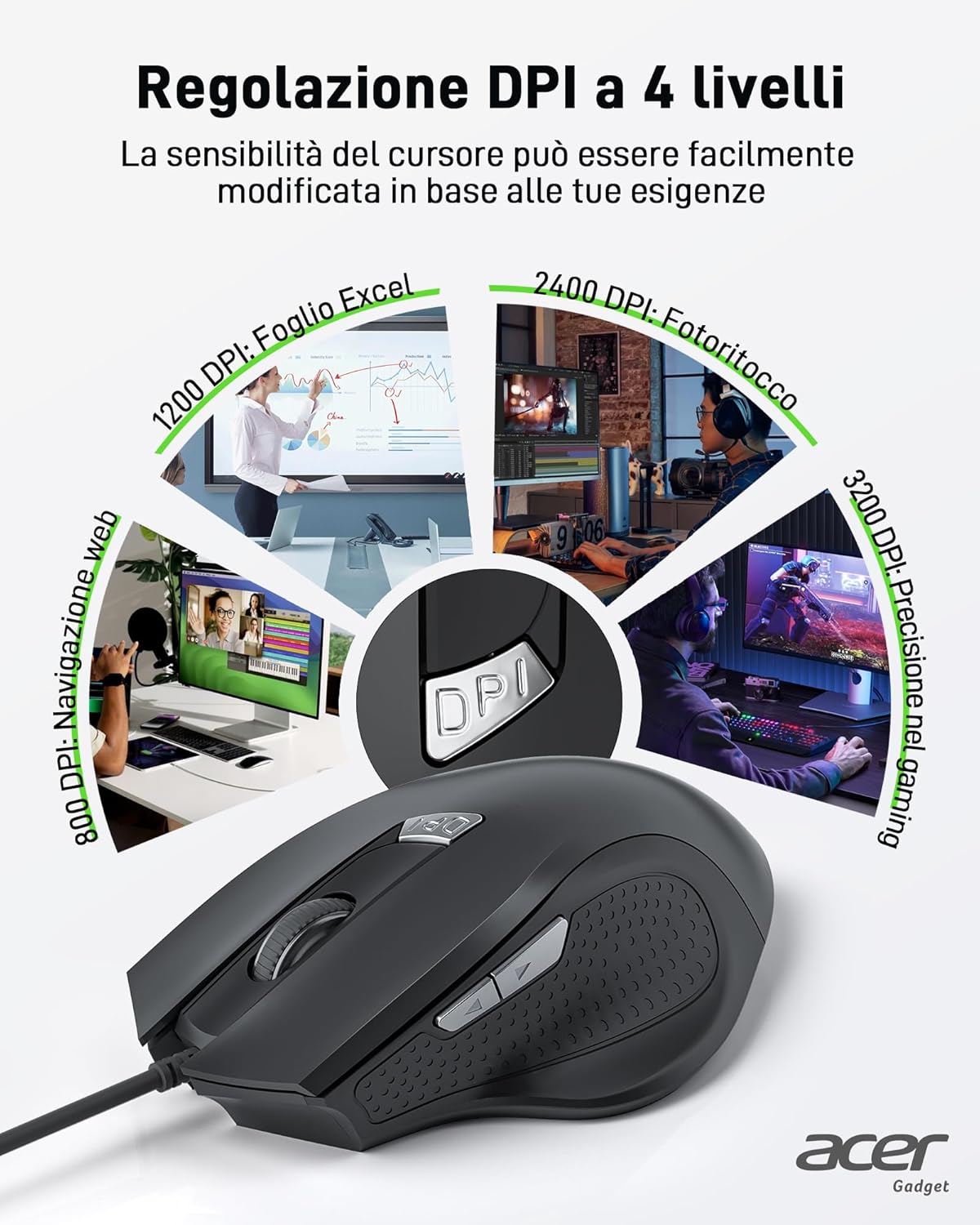 Acer Mouse USB Cablato Ergonomico 3200 DPI, Nero - immagine 3