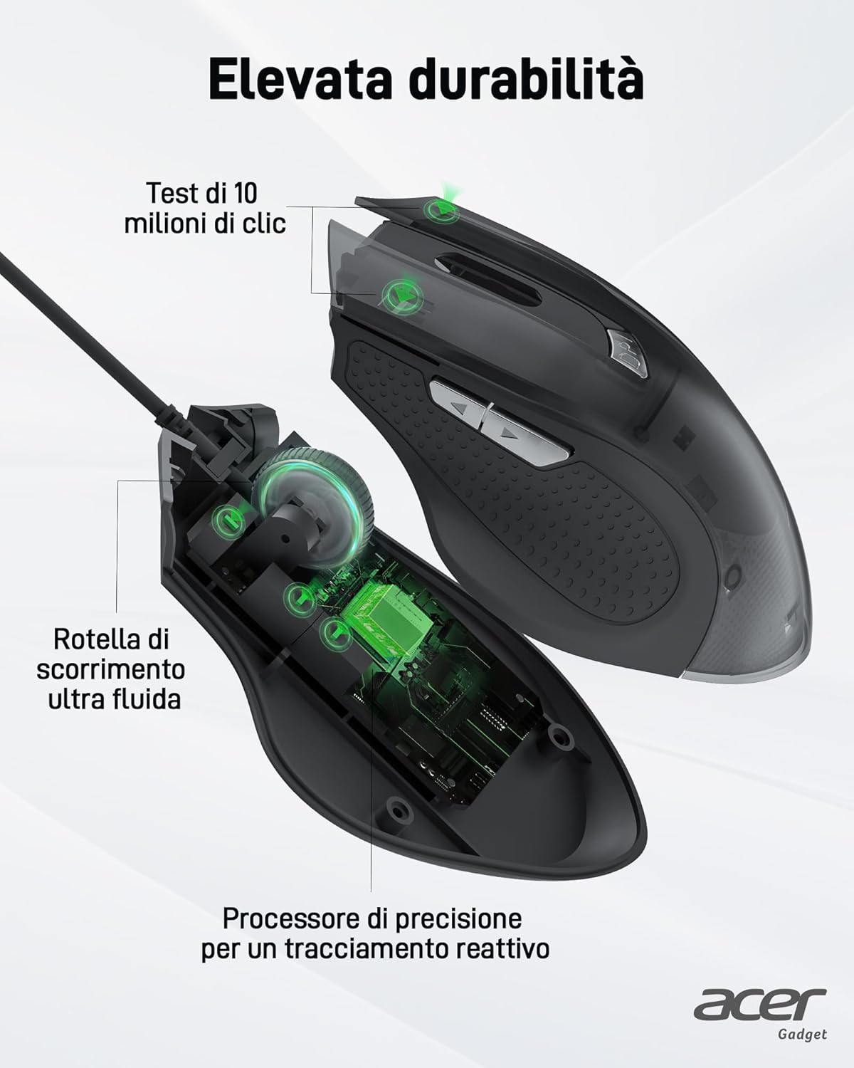 Acer Mouse USB Cablato Ergonomico 3200 DPI, Nero - immagine 6