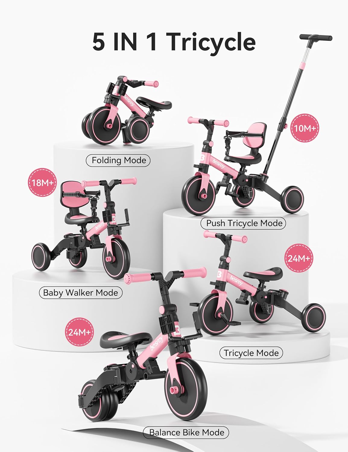 Besrey Triciclo per Bambini 5 in 1, Rosa - immagine 2