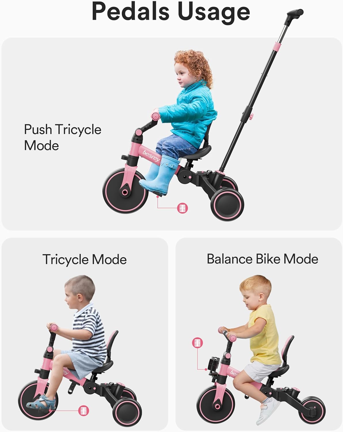Besrey Triciclo per Bambini 5 in 1, Rosa - immagine 7