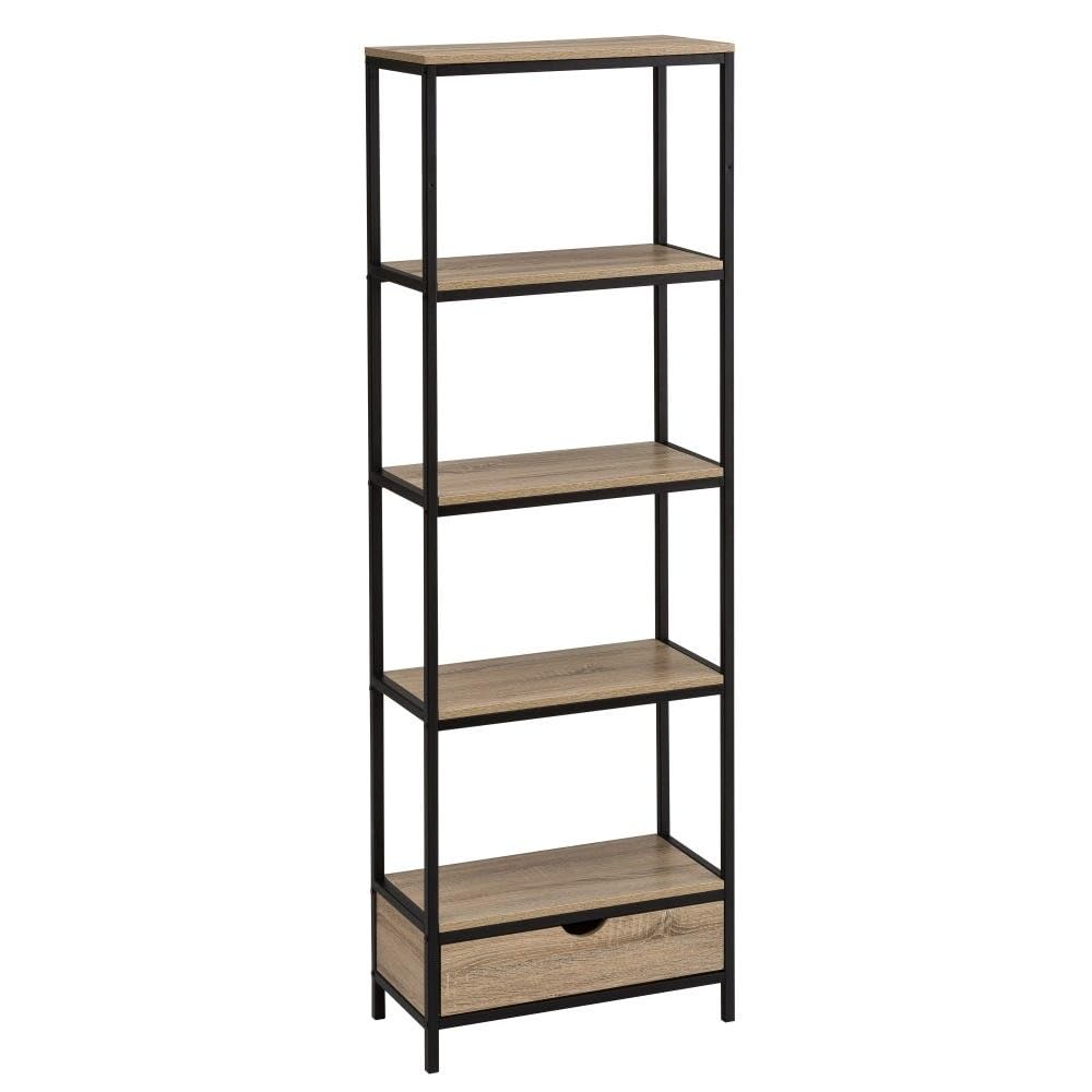 Scaffale da pavimento con 4 ripiani e 1 cassetto in PB e metallo in naturale e nero