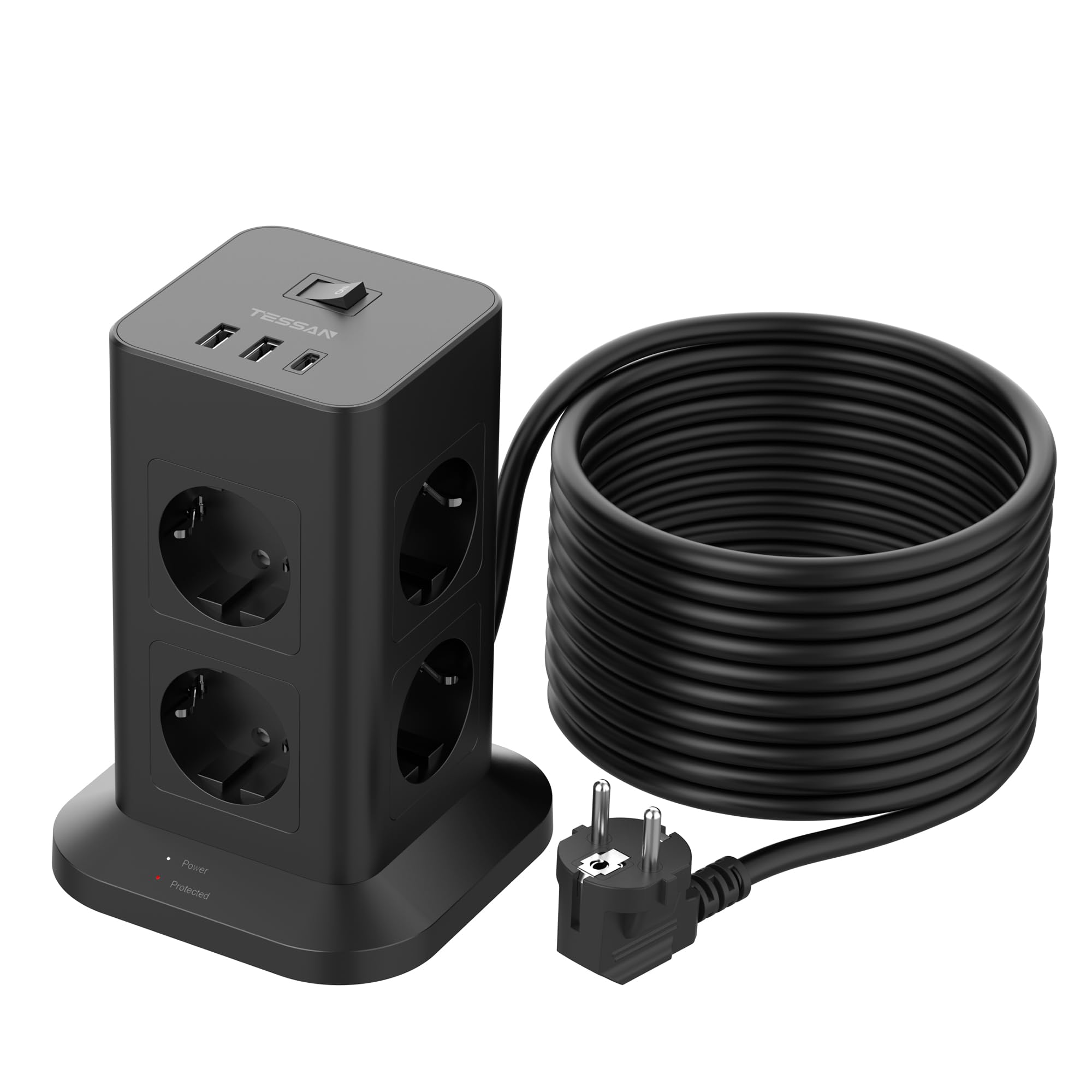 Tessan Ciabatta Multipresa 8 Prese con USB 10 Metri, Nera