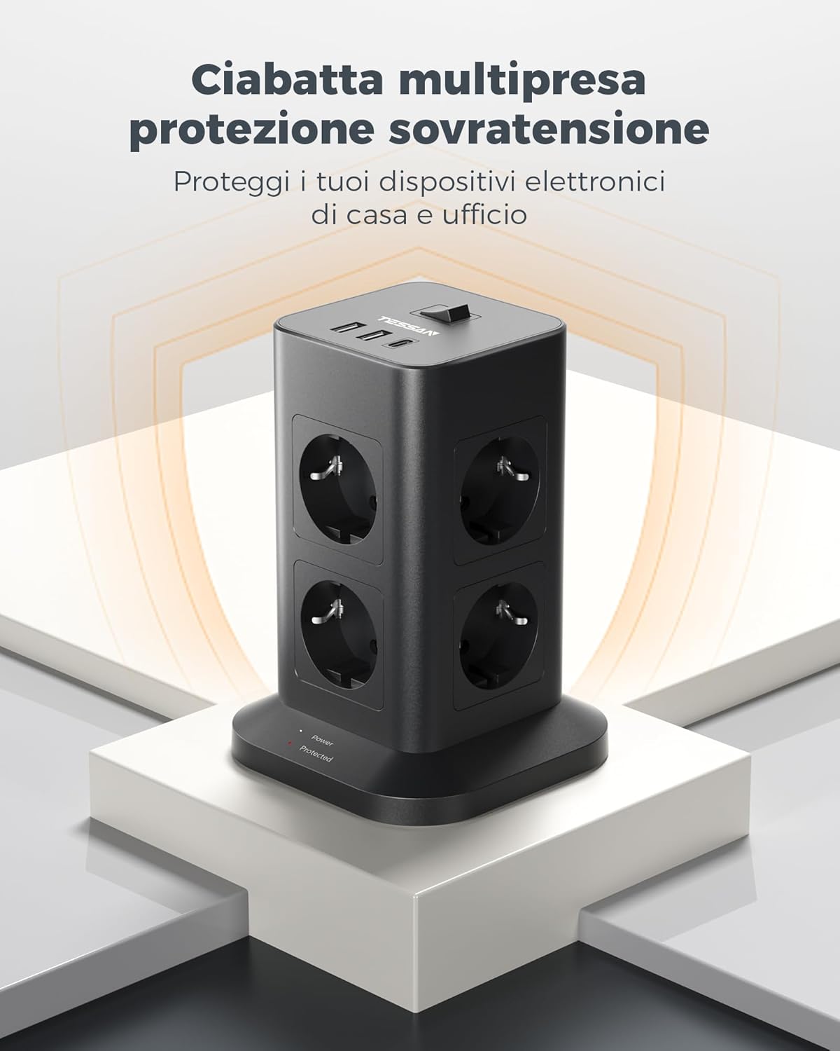 Tessan Ciabatta Multipresa 8 Prese con USB 10 Metri, Nera - immagine 3