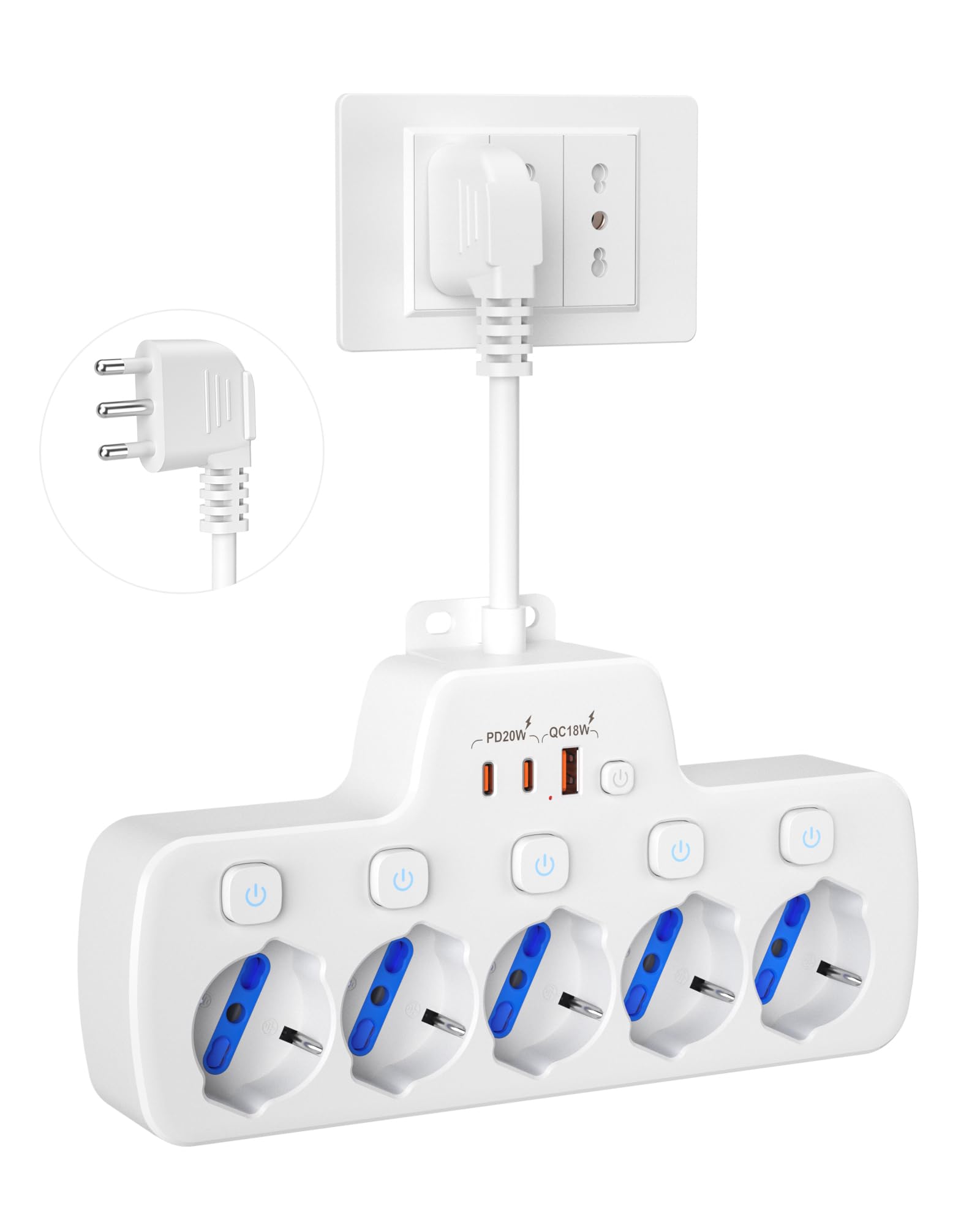 Ciabatta Multipresa Elettrica 5 Posti Salvaspazio, Bianco