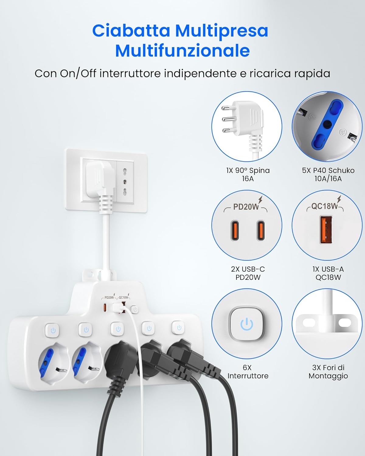Ciabatta Multipresa Elettrica 5 Posti Salvaspazio, Bianco - immagine 2