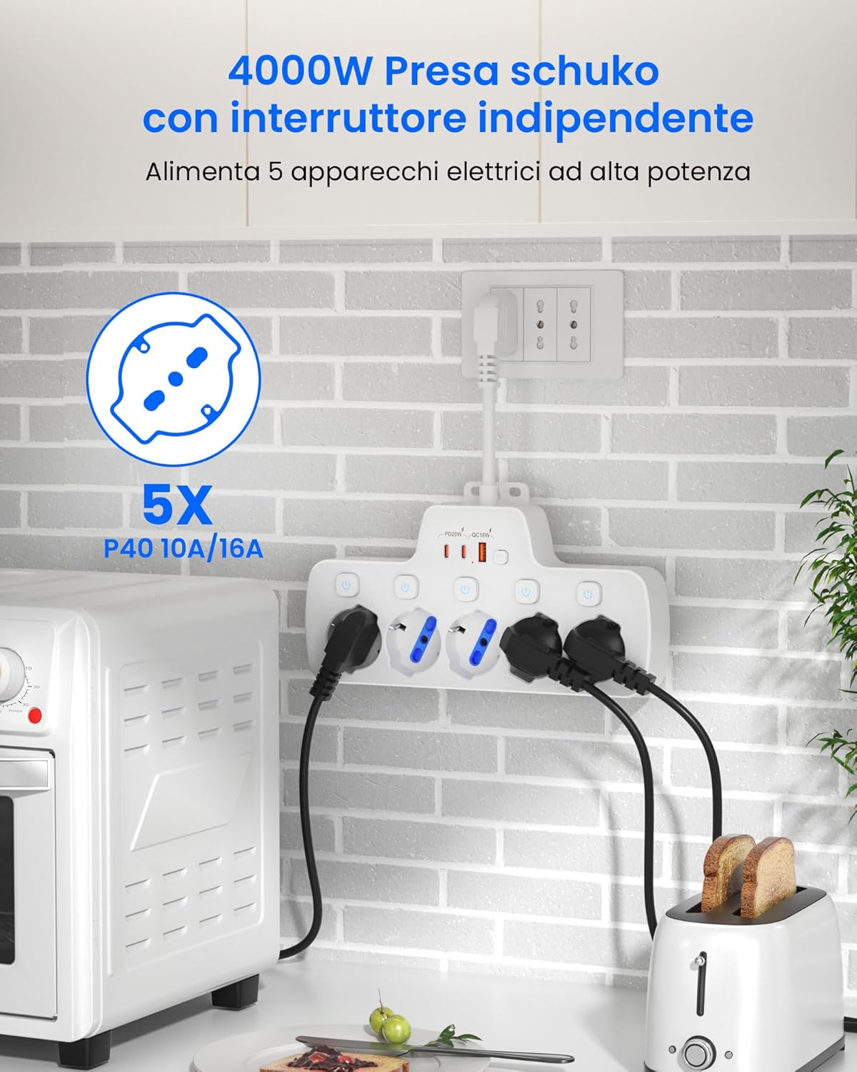 Ciabatta Multipresa Elettrica 5 Posti Salvaspazio, Bianco - immagine 3