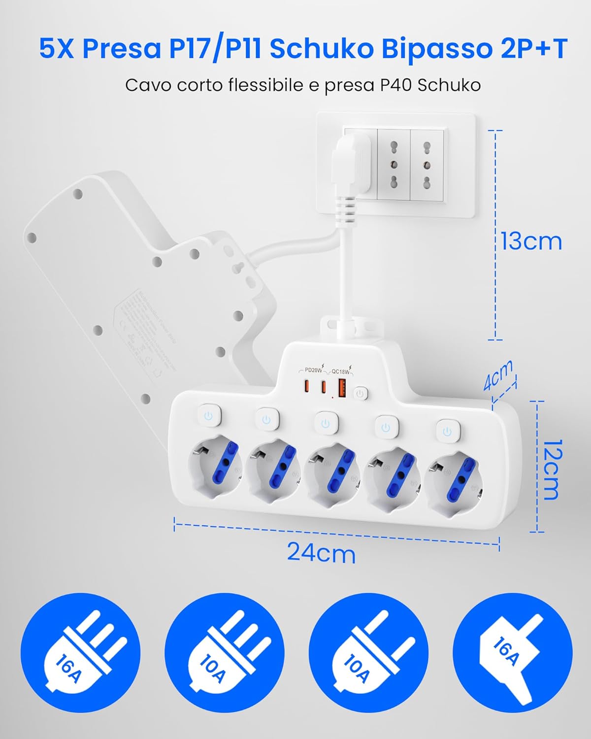 Ciabatta Multipresa Elettrica 5 Posti Salvaspazio, Bianco - immagine 5