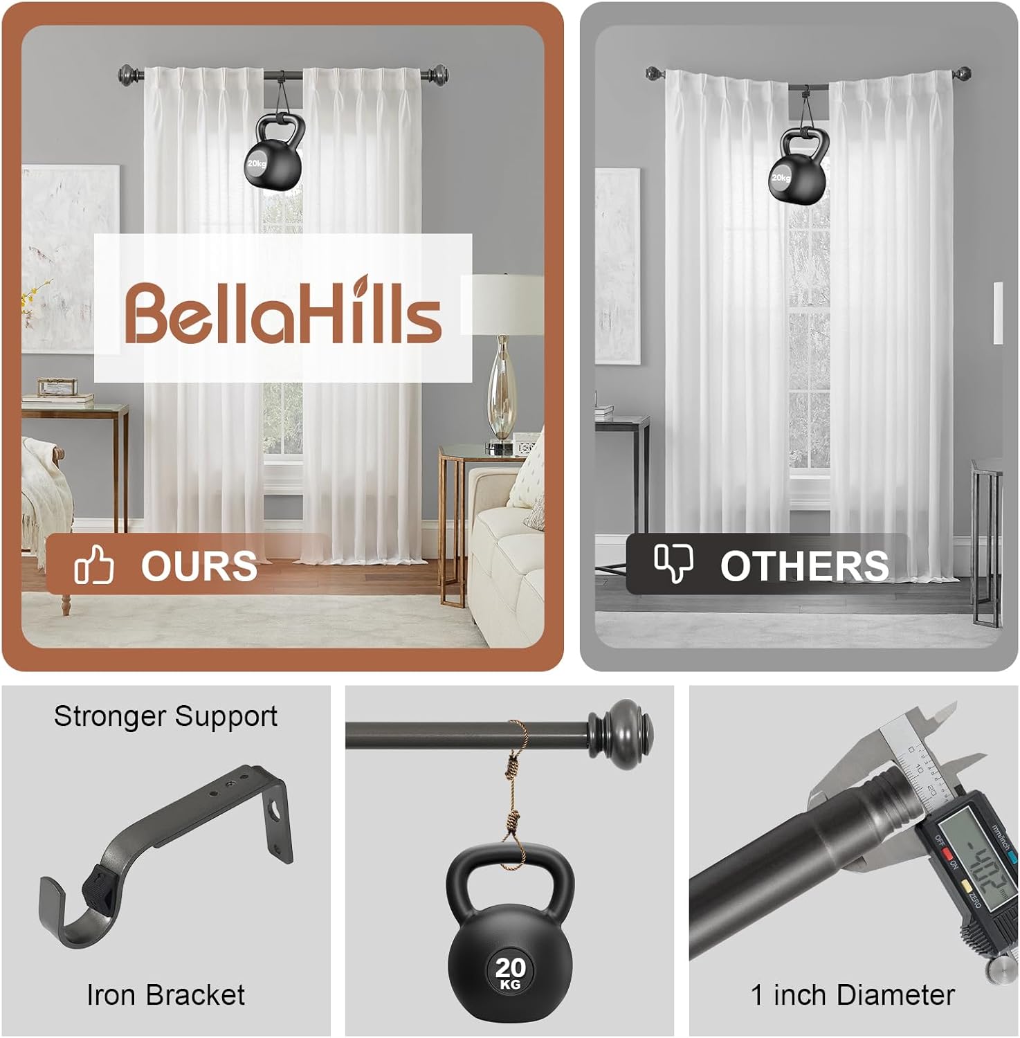 Bastone Tenda Estensibile 76-190 cm - 2 Pezzi, Grigio - immagine 5