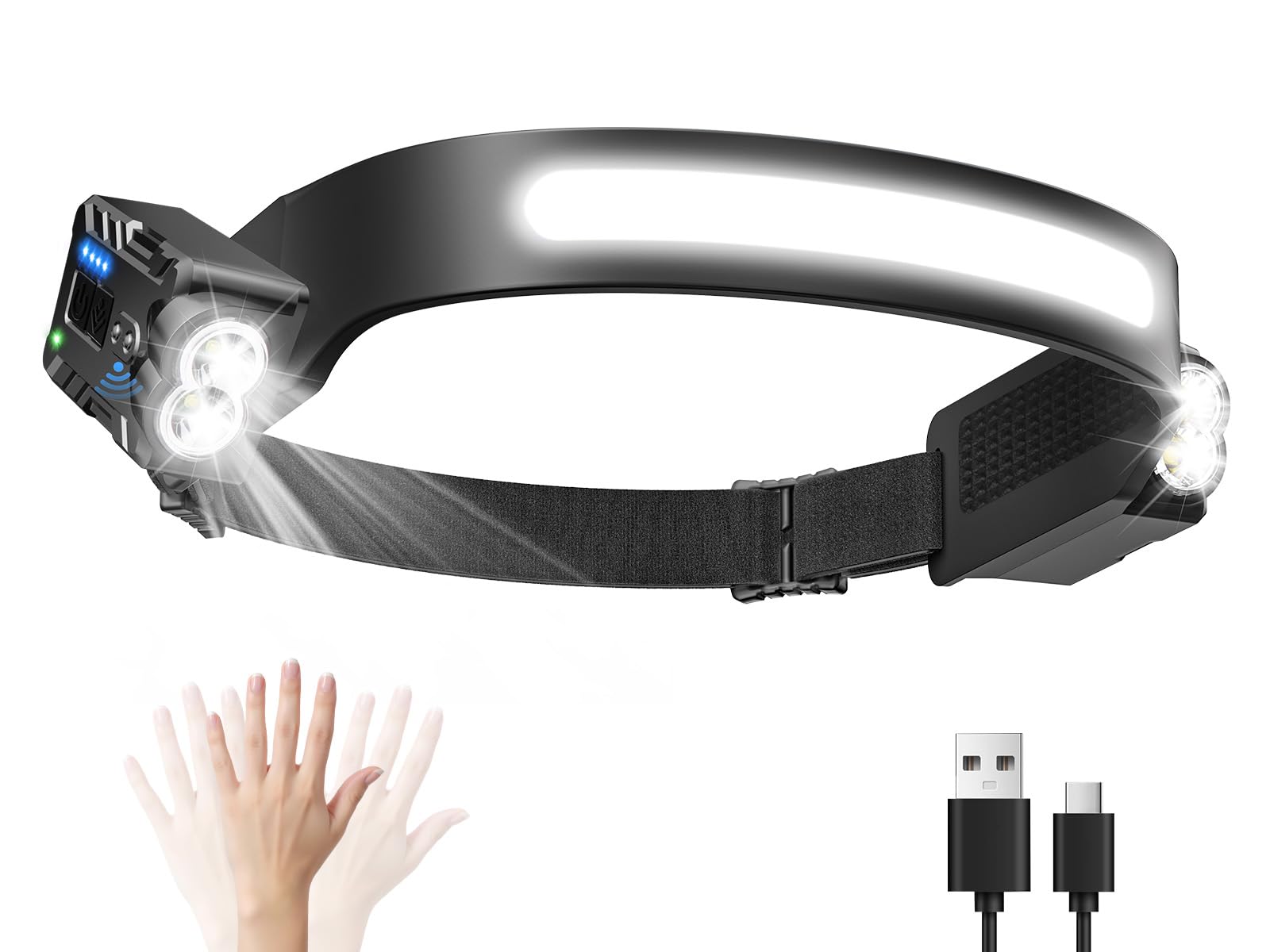 Diboniur Torcia Frontale con 8 Modalità di Illuminazione, IPX4 Impermeabile Lampada Frontale LED Ricaricabile con Sensore Movimento per Campeggio, Corsa, Pesca