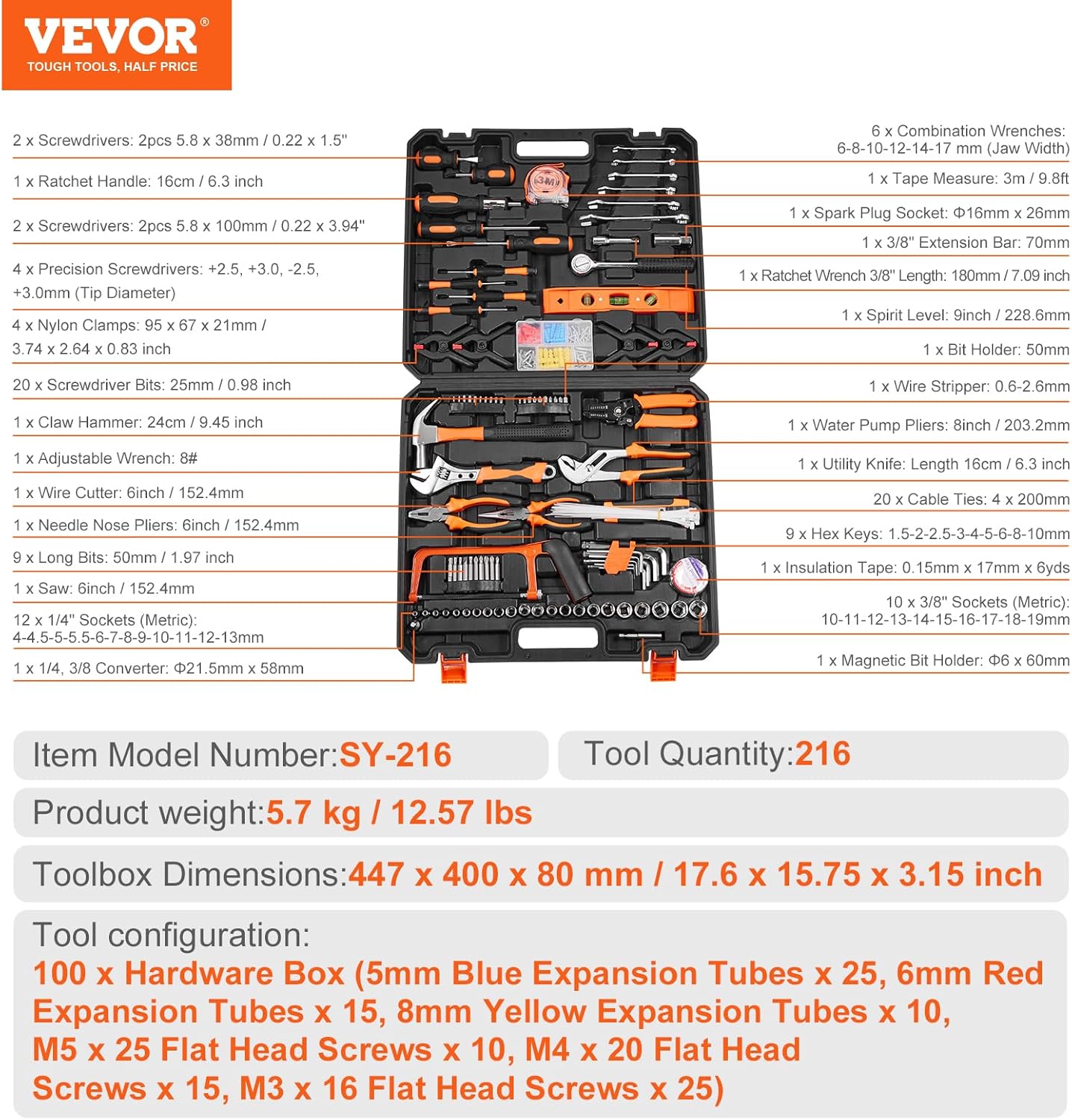 Vevor Kit di Attrezzi 216 Pezzi con Custodia Portatile - immagine 7