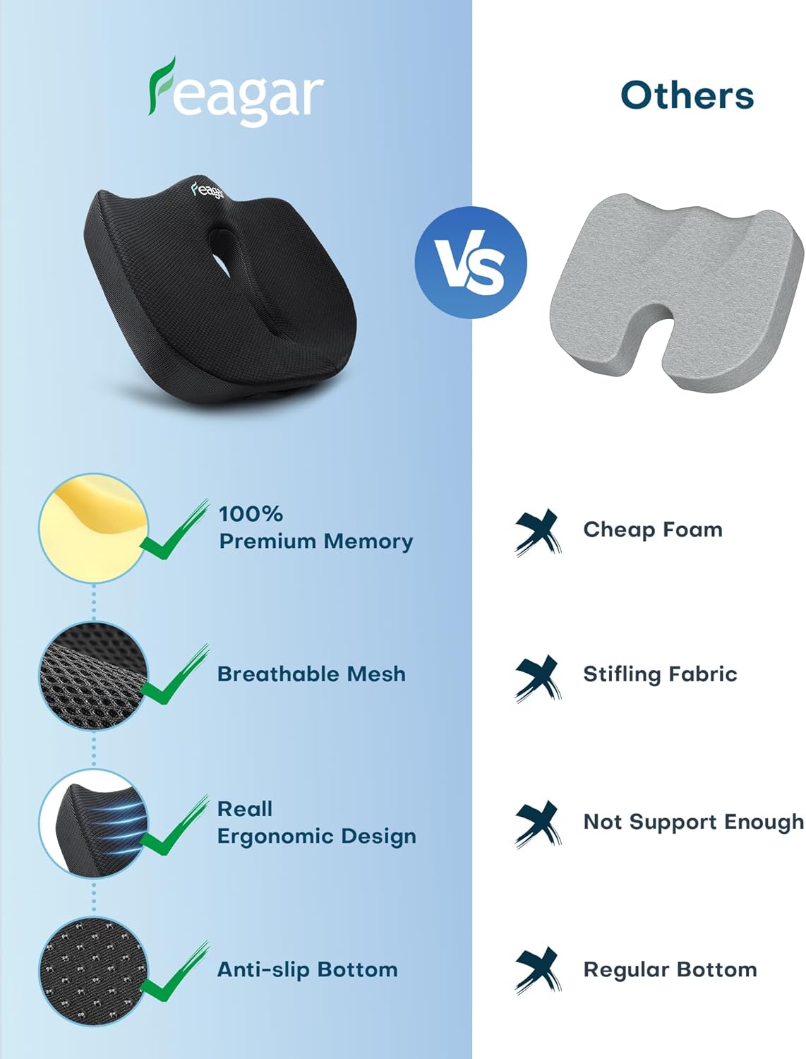 Feagar 2024 Cuscino Sedia Ufficio XXL Memory Foam, Nero - immagine 3