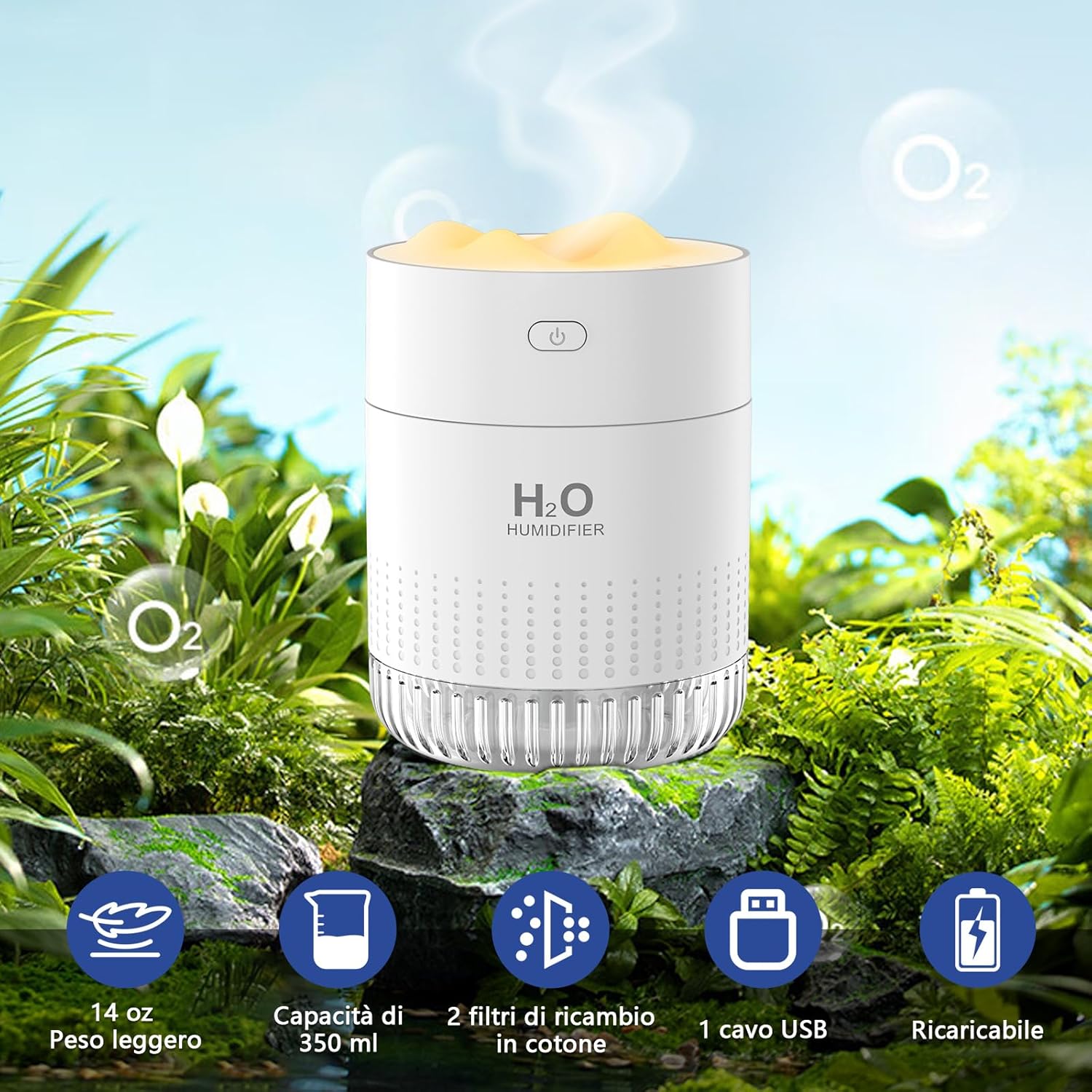 Mini Umidificatore Ambiente con Luce Notturna, Bianco - immagine 2