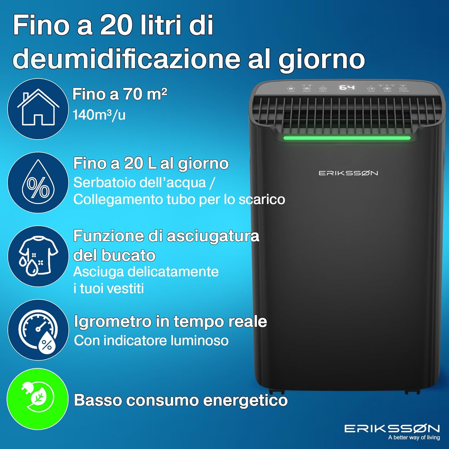 Erikssøn Deumidificatore Dry Pro Plus 20 litri/giorno, Nero - immagine 2