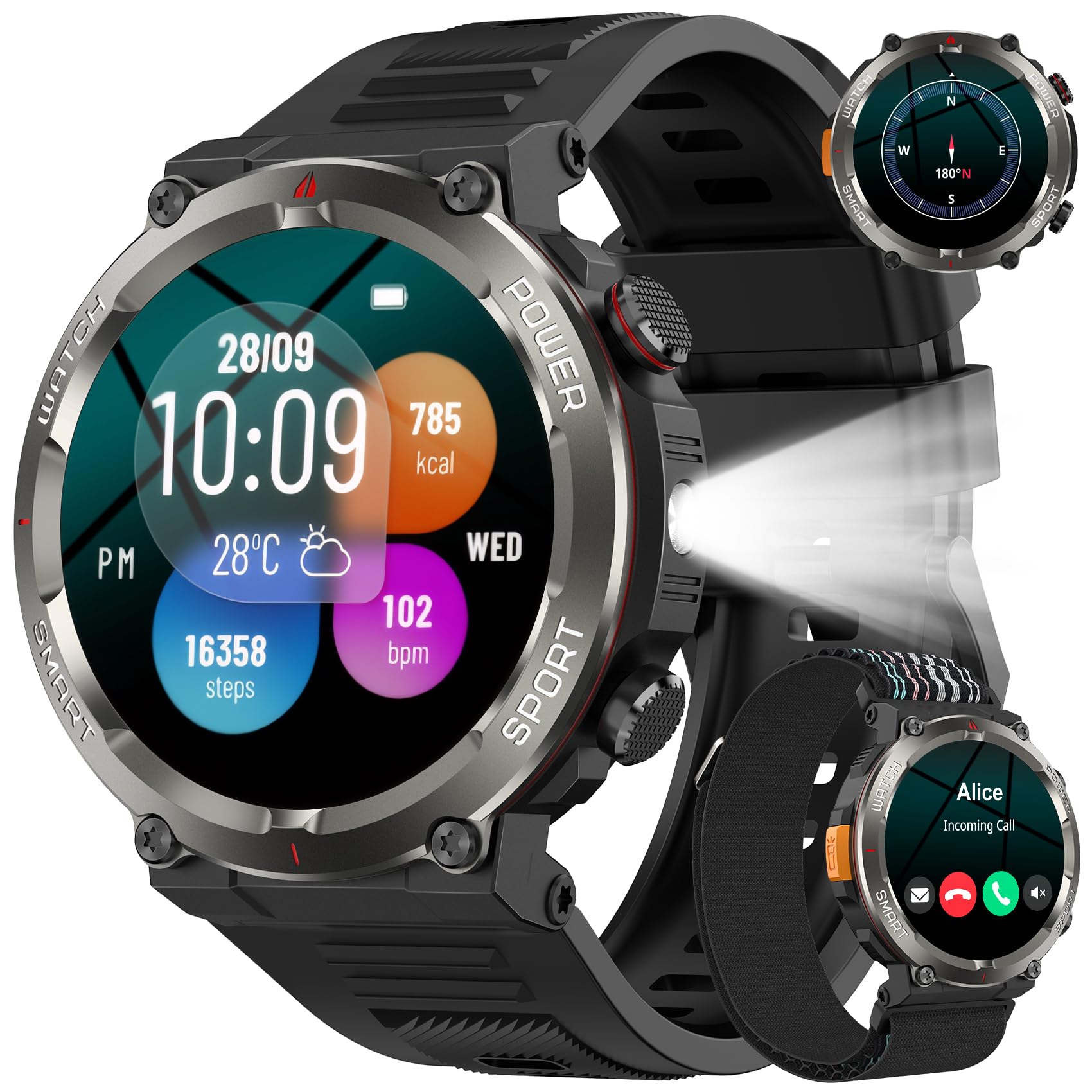 Smartwatch Uomo 1.45" con Torcia/Bussola