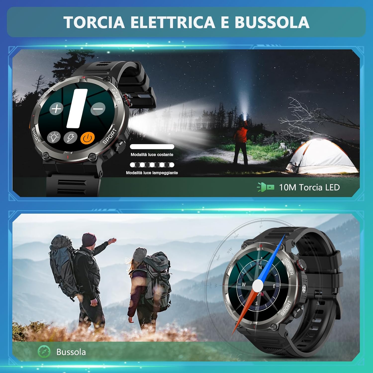Smartwatch Uomo 1.45" con Torcia/Bussola - immagine 3