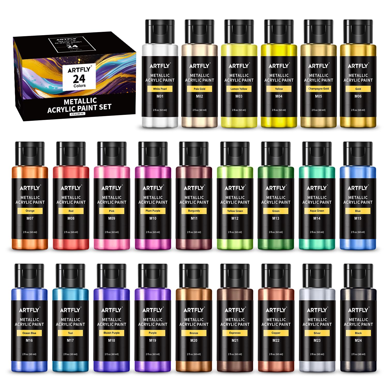 Artfly Colori Acrilici Metallizzati - 24 Flaconi da 60ml