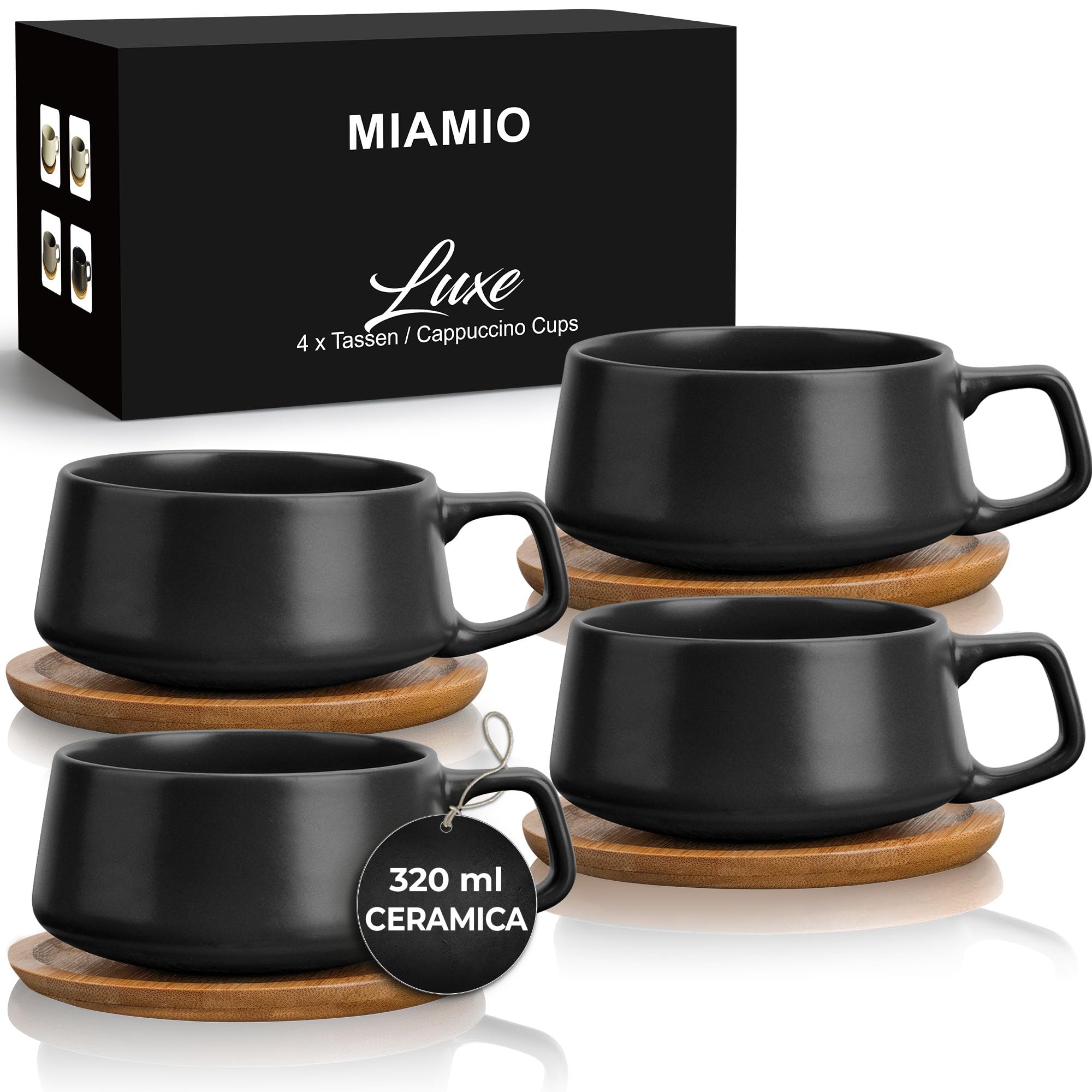 Miamio - Set 4 Tazze da Caffè in Gres 320ml, Nero