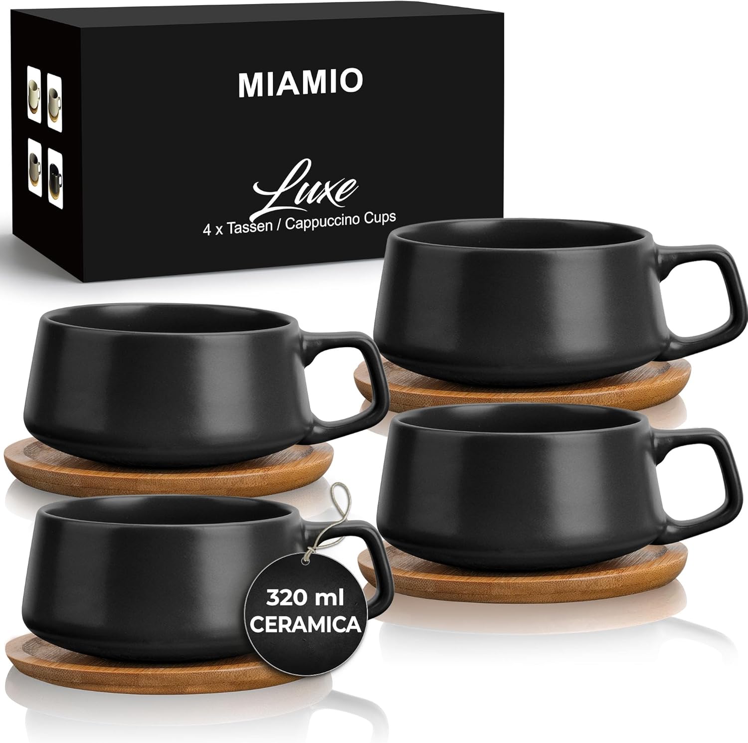 Miamio - Set 4 Tazze da Caffè in Gres 320ml, Nero - immagine 1