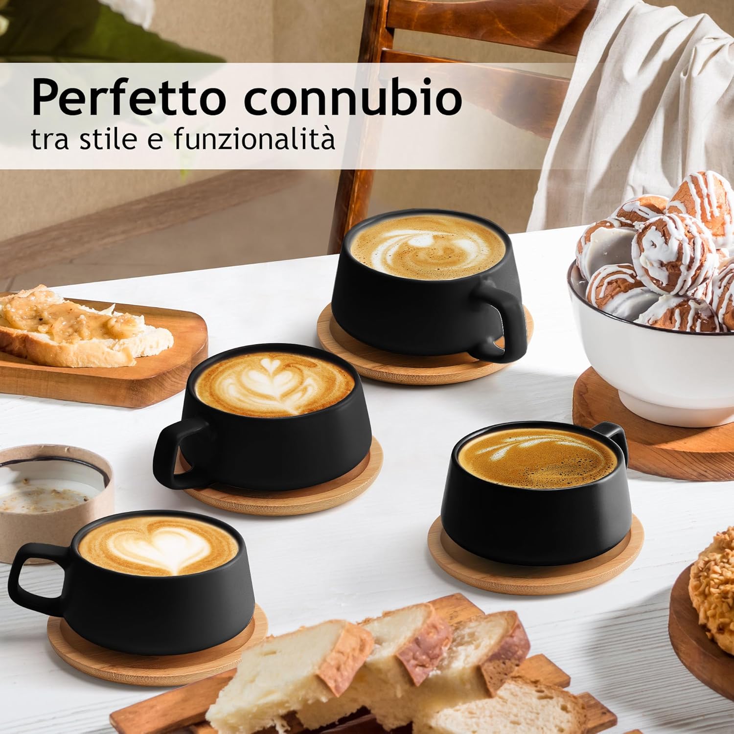 Miamio - Set 4 Tazze da Caffè in Gres 320ml, Nero - immagine 2
