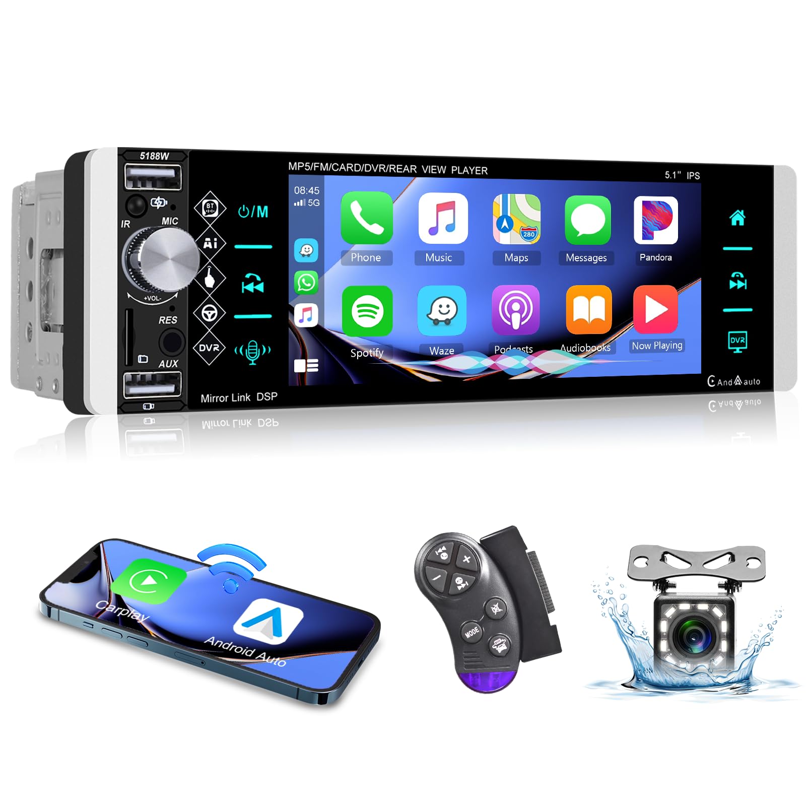 Vechtel Autoradio 1 Din Wireless Carplay Android Auto 5.1"