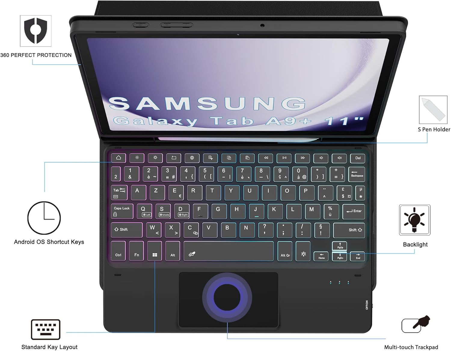 Custodia con Tastiera AZERTY per Samsung Galaxy Tab A9+ 11" - immagine 3