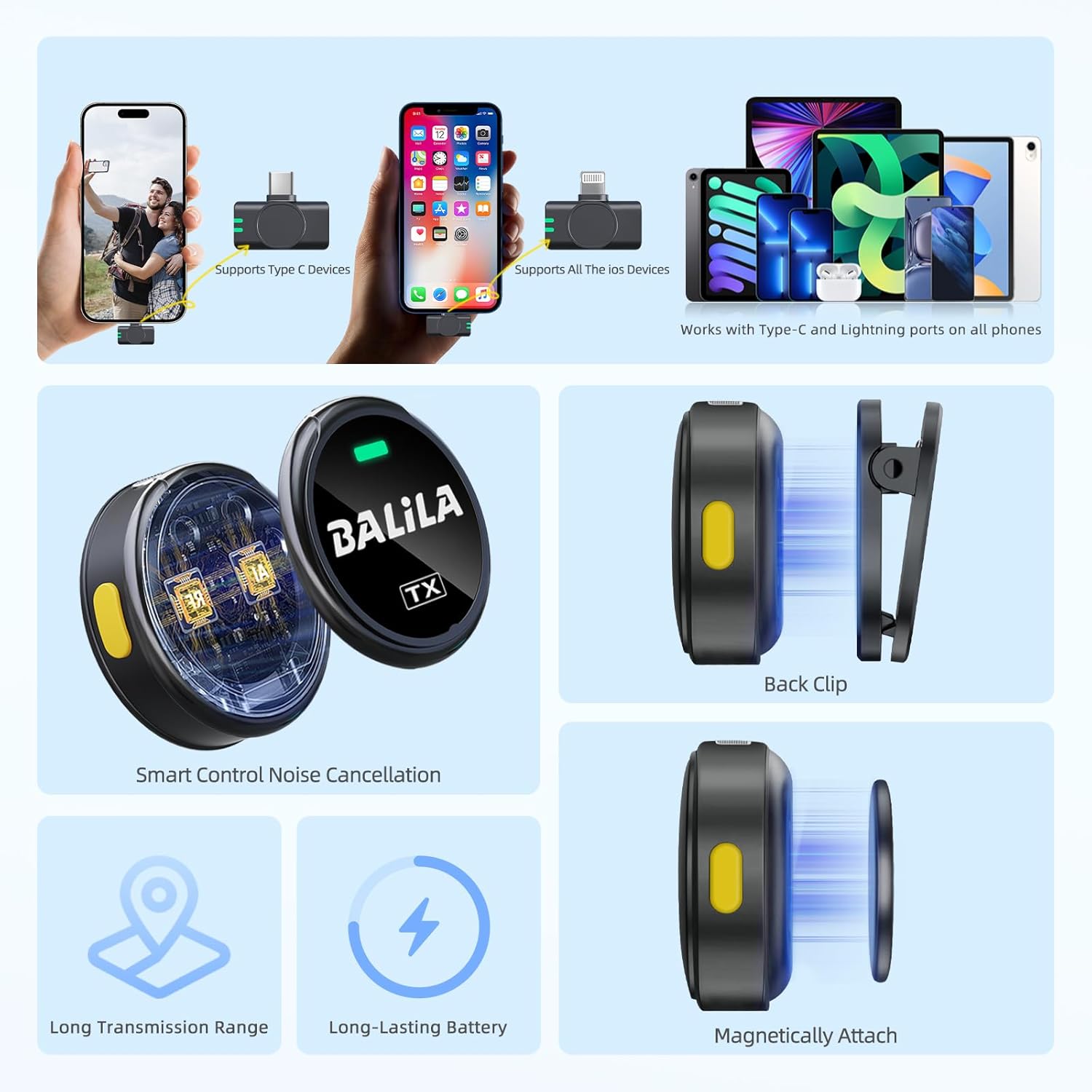 Balila Microfono Lavalier Wireless 2TX+2RX con Custodia - immagine 4