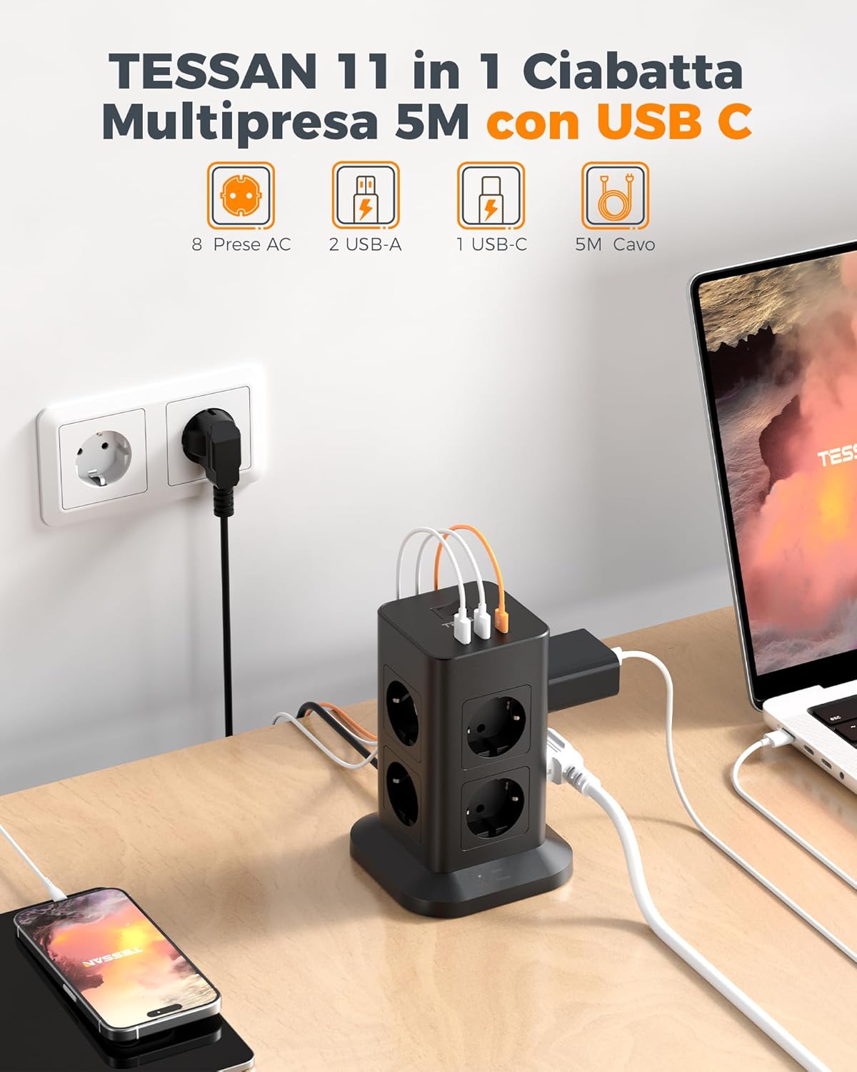Tessan Ciabatta Multipresa 8 Prese con USB 5 Metri, Nera - immagine 2