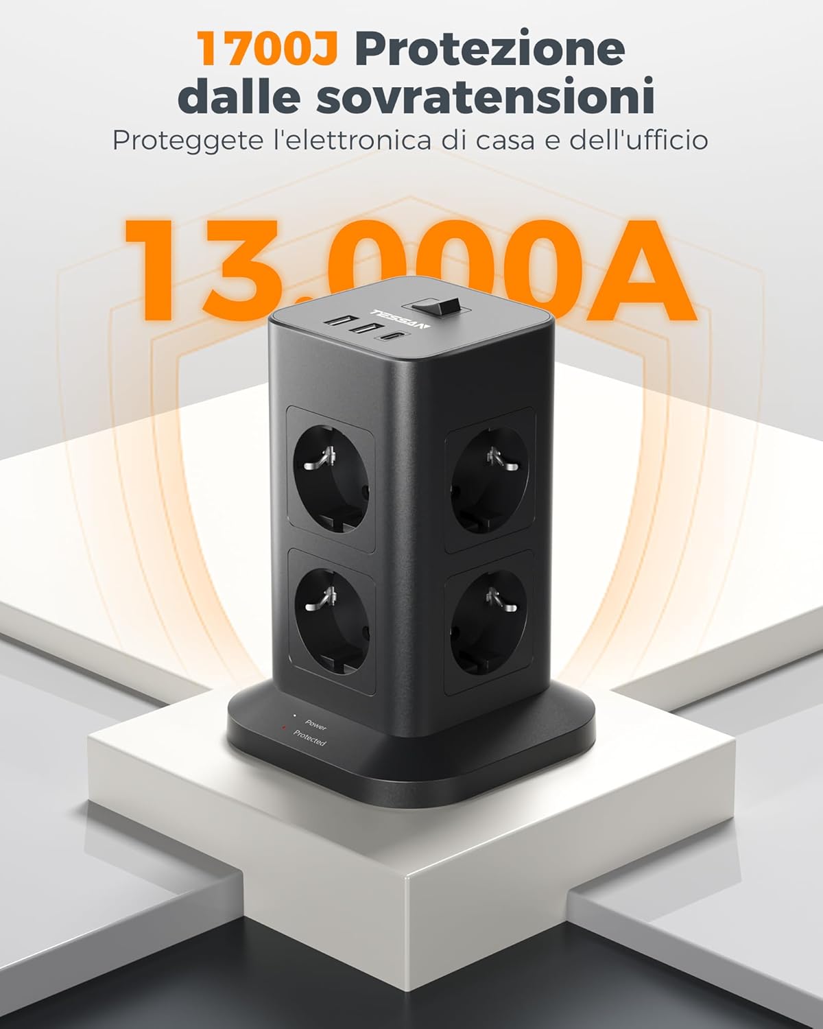 Tessan Ciabatta Multipresa 8 Prese con USB 5 Metri, Nera - immagine 3