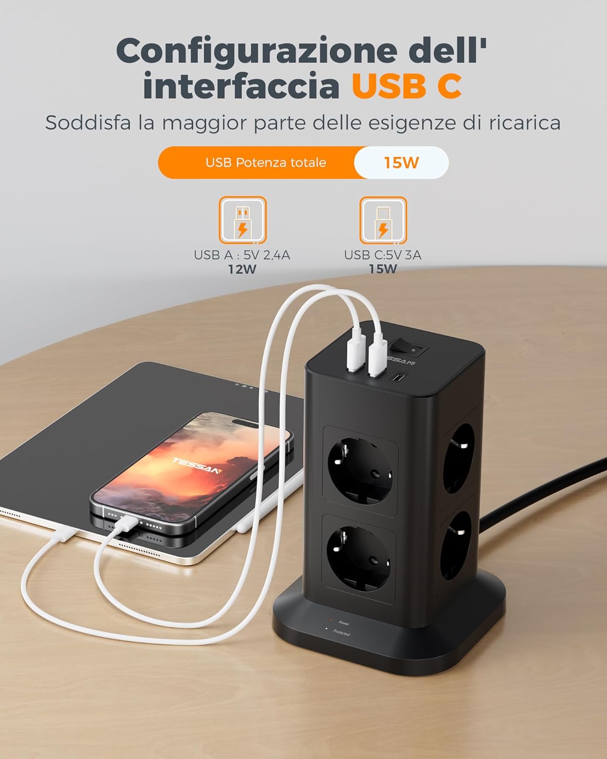 Tessan Ciabatta Multipresa 8 Prese con USB 5 Metri, Nera - immagine 4