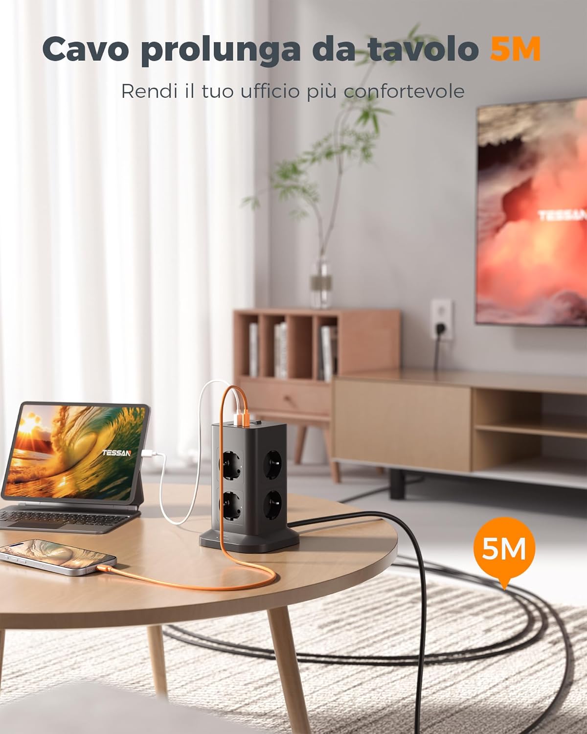 Tessan Ciabatta Multipresa 8 Prese con USB 5 Metri, Nera - immagine 5