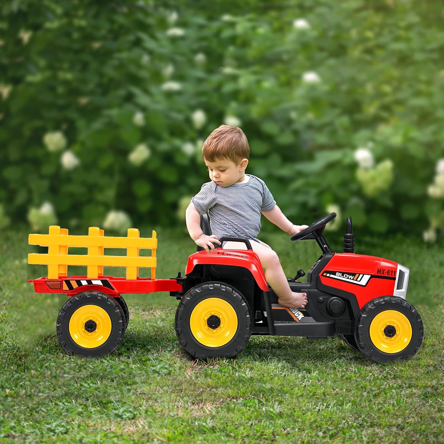 Goplus Trattore Elettrico 12V per Bambini con Rimorchio, Rosso - immagine 2