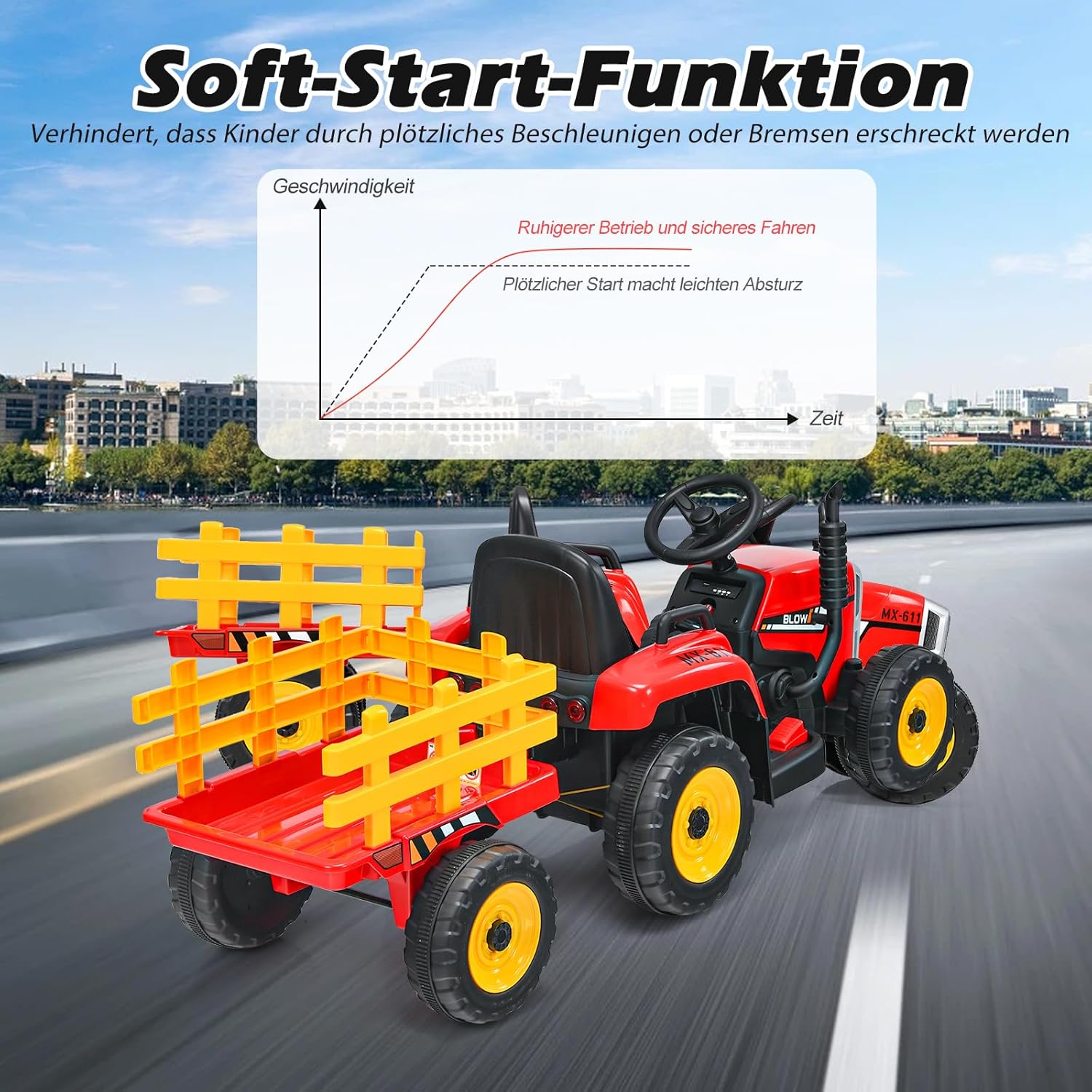 Goplus Trattore Elettrico 12V per Bambini con Rimorchio, Rosso - immagine 3