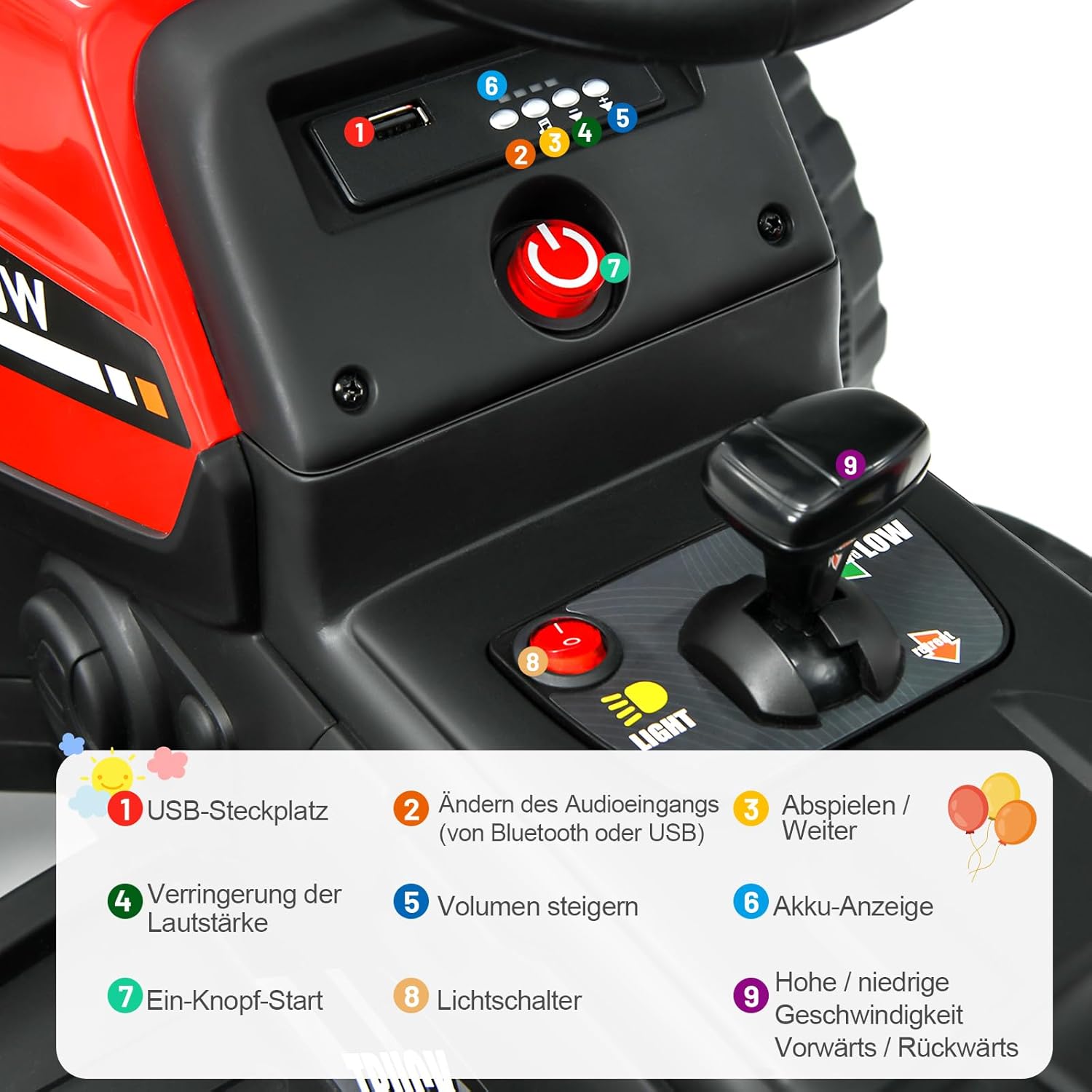 Goplus Trattore Elettrico 12V per Bambini con Rimorchio, Rosso - immagine 4