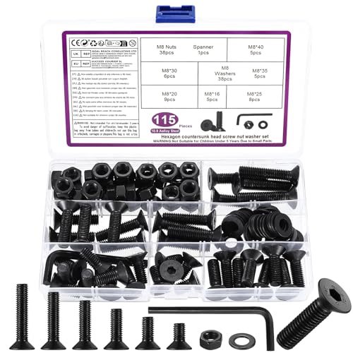 115 Pz M8 Set di Viti, Bulloni e Dadi Set, Viti Bulloni a Testa Piatta Esagonale con Esagono Incassato, Vite a Testa Svasata e Dadi e Rondelle, Nero