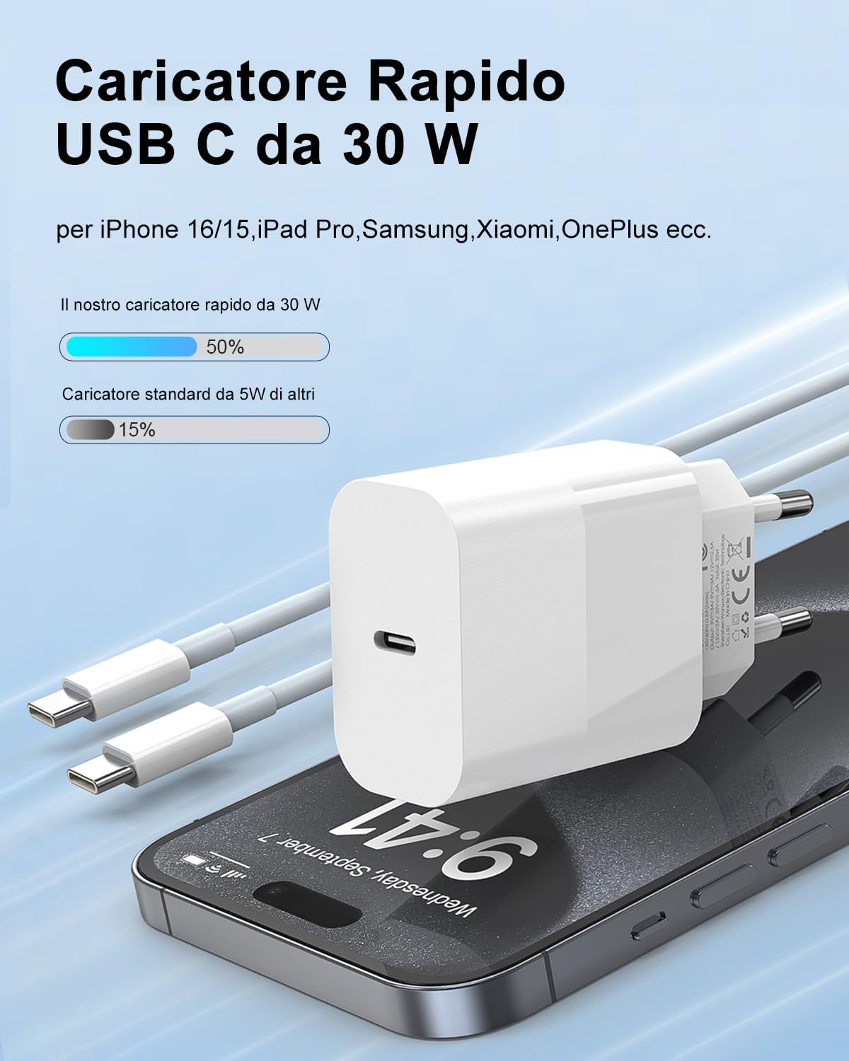 Amoner Caricatore 30W con Cavo USB-C 2m - immagine 2