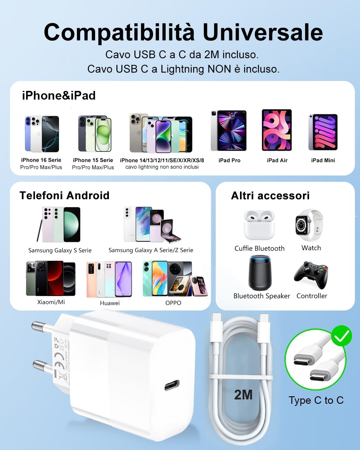 Amoner Caricatore 30W con Cavo USB-C 2m - immagine 3